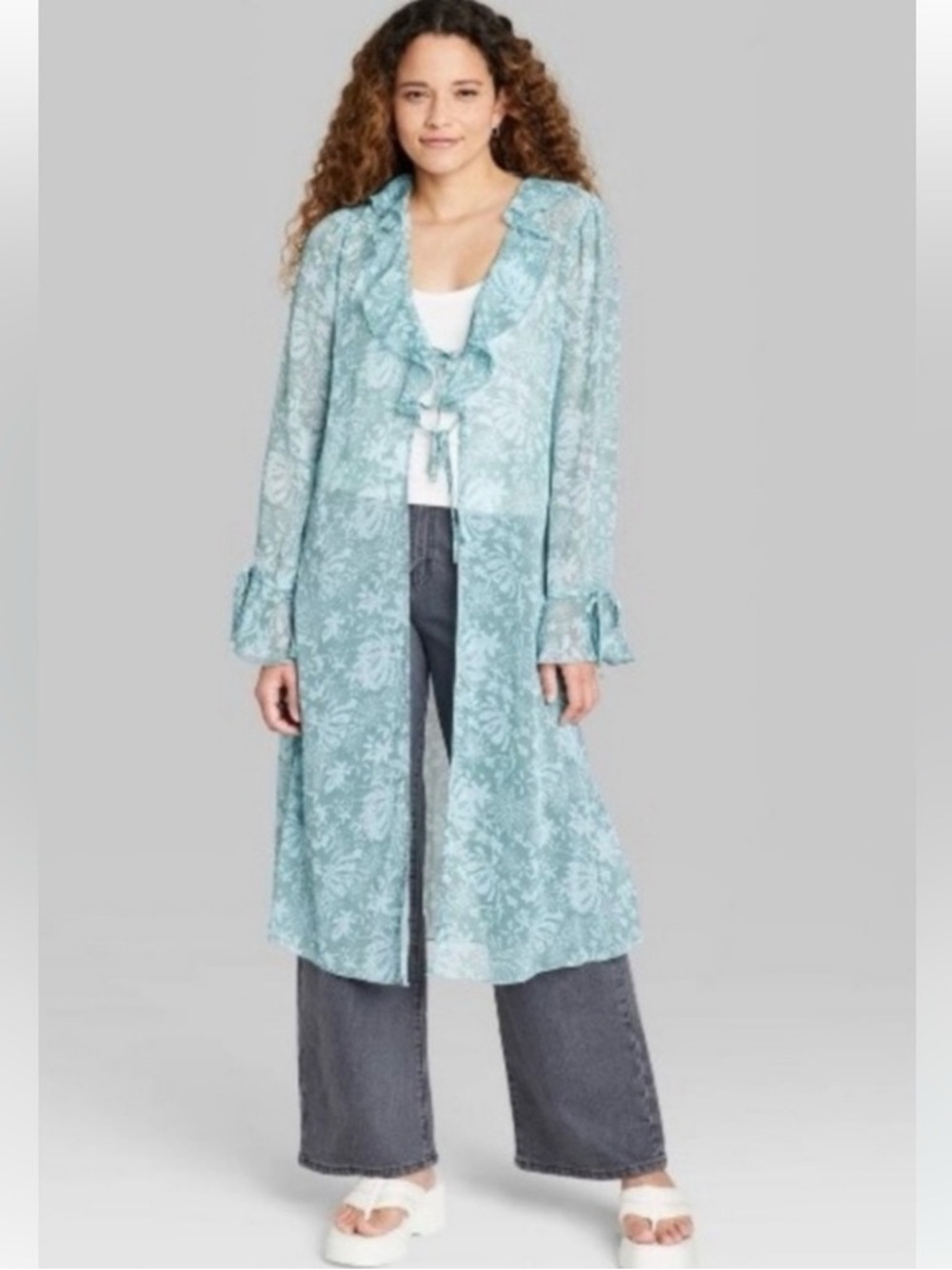 Wild fable Ruffle Duster kimono cardigan Aqua Green XXS